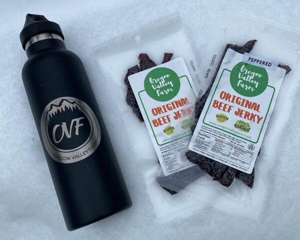 2 Packs of Jerky and a 25oz Vacuum Insulated Stainless Steel OVF Water Bottle from Oregon Valley Farm